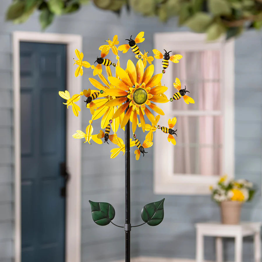 75"H Sunflower & Bees Wind Spinner Garden Stake