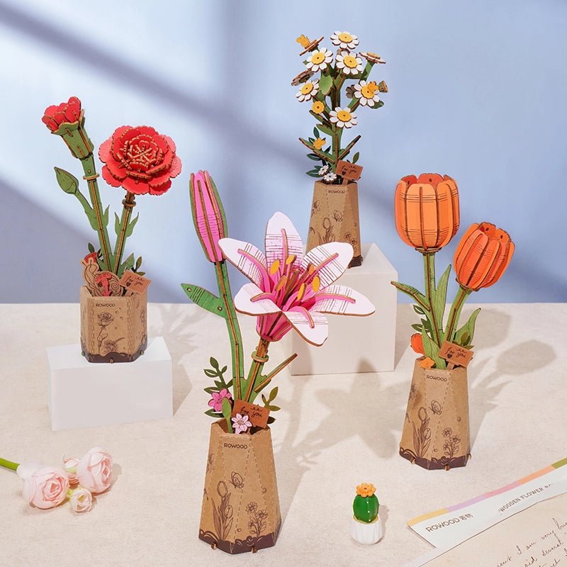 3D Wooden Flower Puzzle: Red Carnation