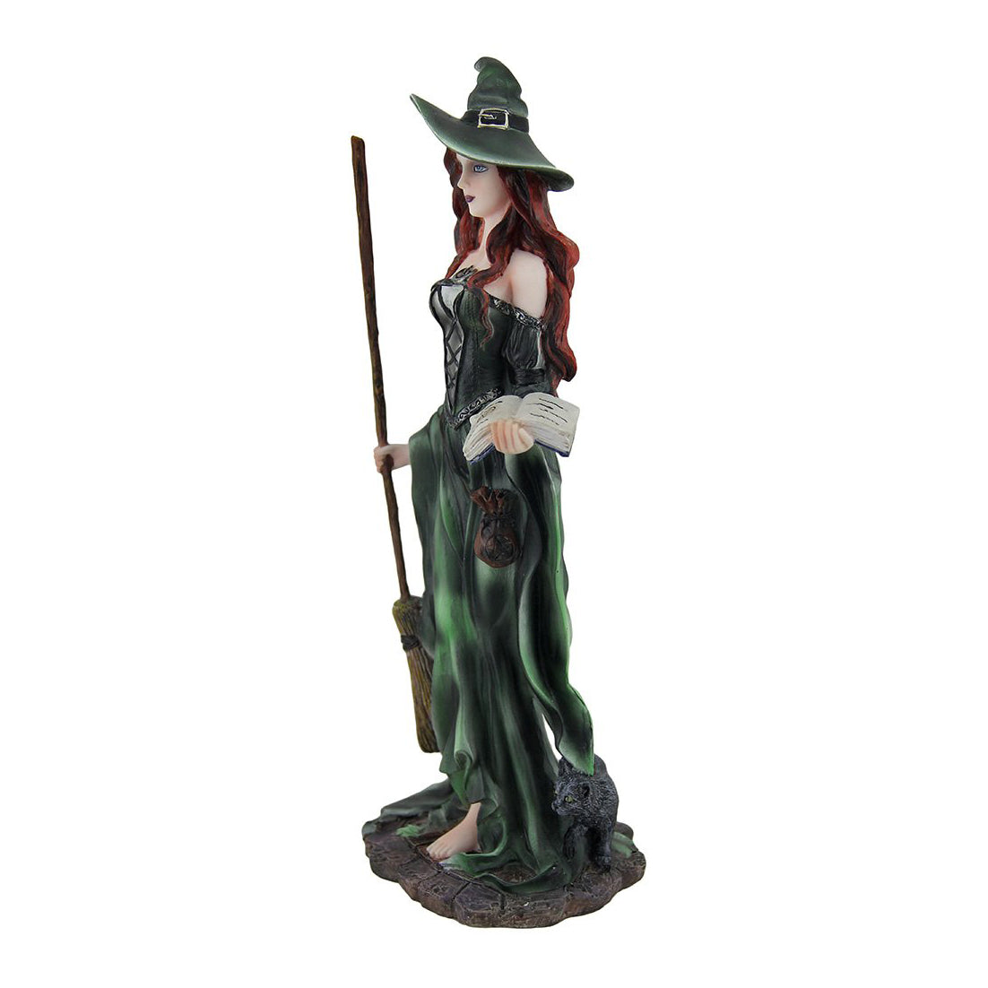 Green Witch with Broom Figurine