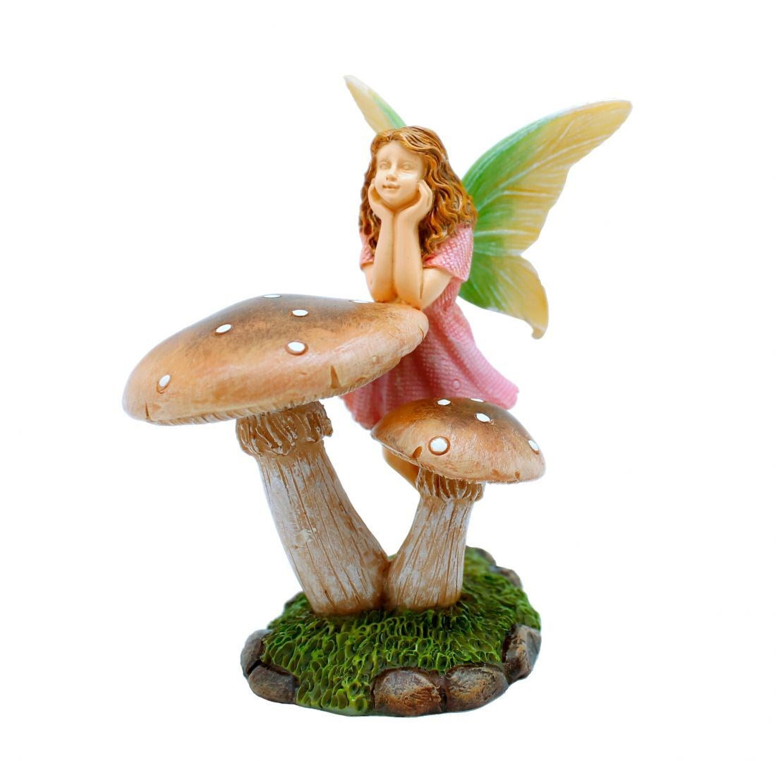 Leaning on Mushrooms Fairy - Miniature Fairy Garden Accessory