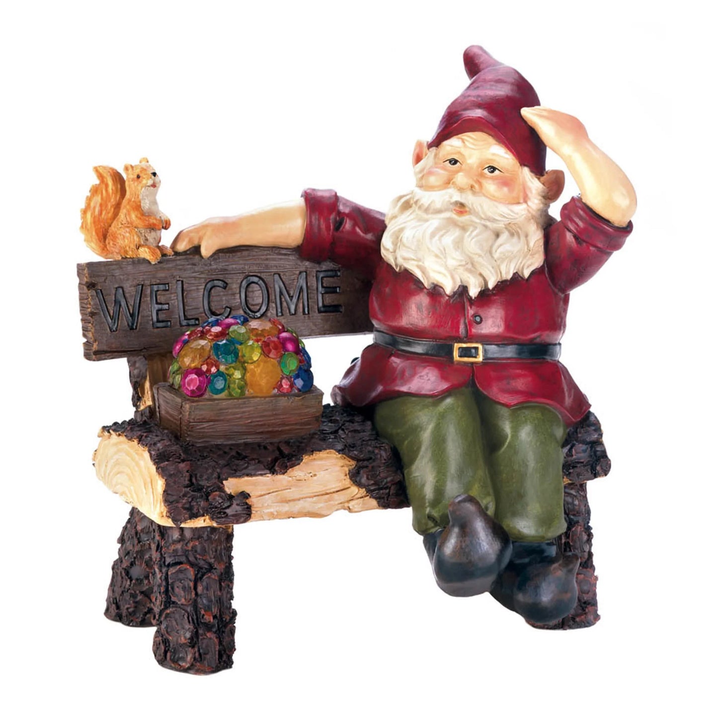 Solar Garden Gnome on Welcome Bench