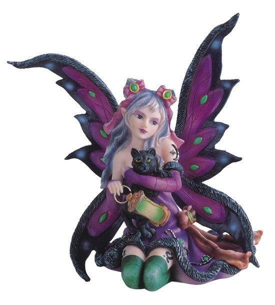 Purple Pixie and Black Cat Figurine