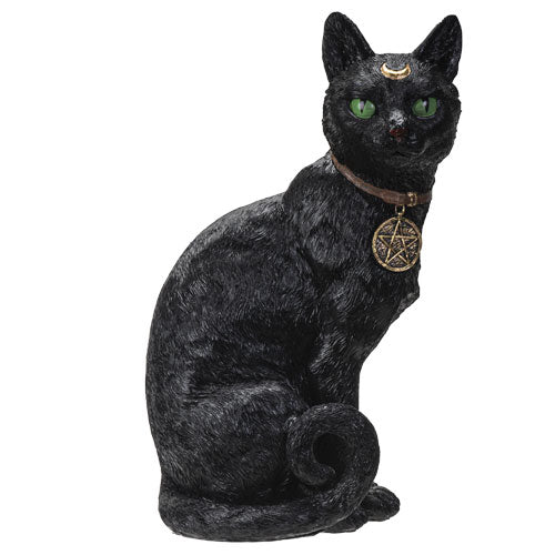 Sitting Black Cat Sculpture with Crescent Moon & Wicca Charm