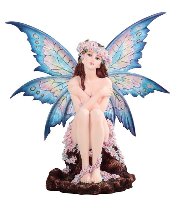 Blue Fairy Sitting with Flowers Figurine