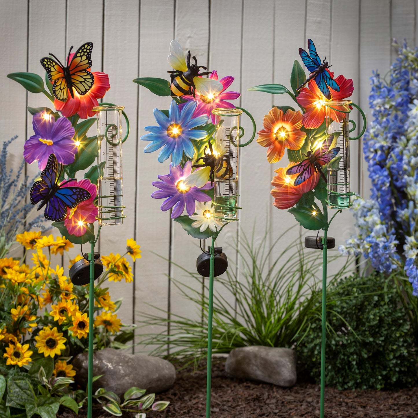 Floral  Pollinator Rain Gauge Garden Stake