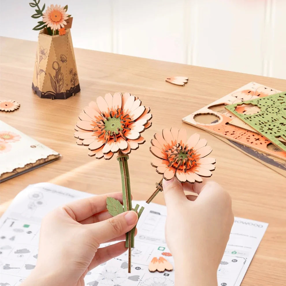 3D Wooden Flower Puzzle: Orange Gerbera Daisy