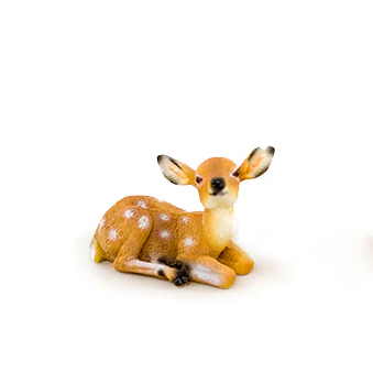Spotted fawn fairy garden miniature figurines on a white background