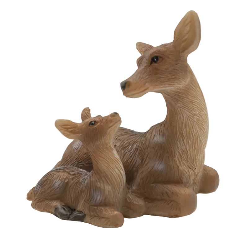 Brown mother deer and fawn fairy garden miniature figurines on a white background
