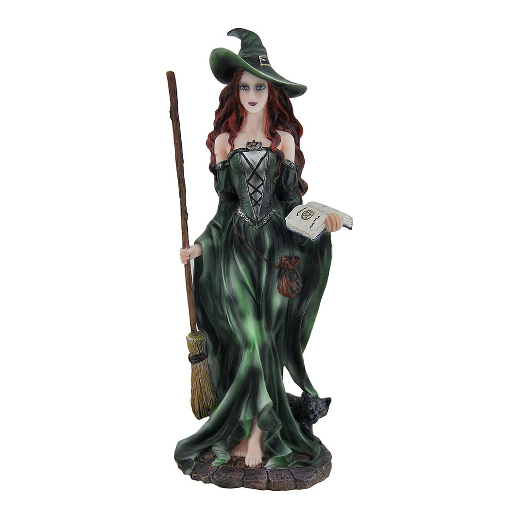 Green Witch with Broom Figurine