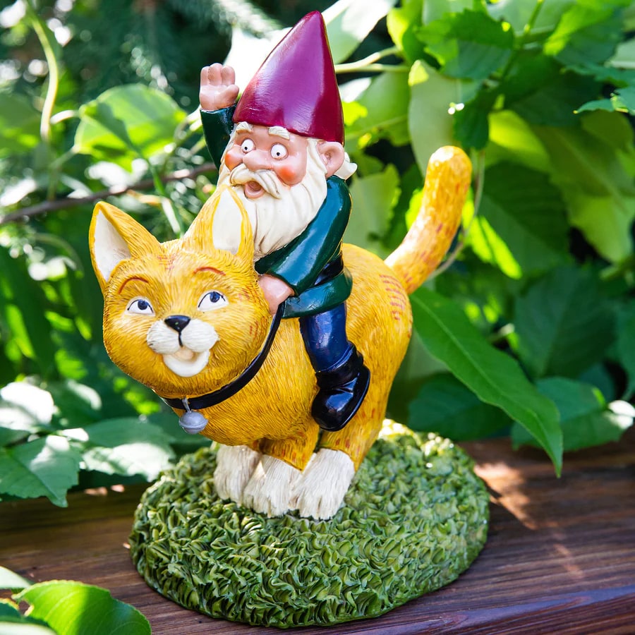 Riding Cat Garden Gnome