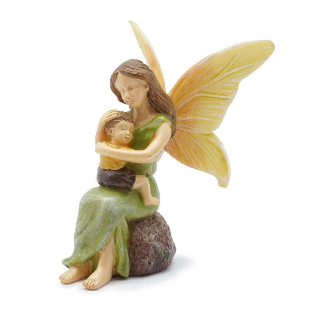 The woodland knoll fairy garden miniature Mom is hugging her cherished fairy boy.