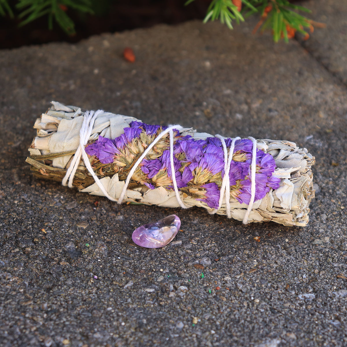 White Sage & Statice Flower Smudge with Clear Amethyst