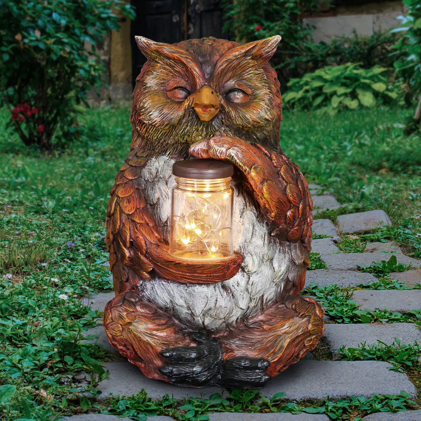 Solar Garden Owl Holding Firefly's